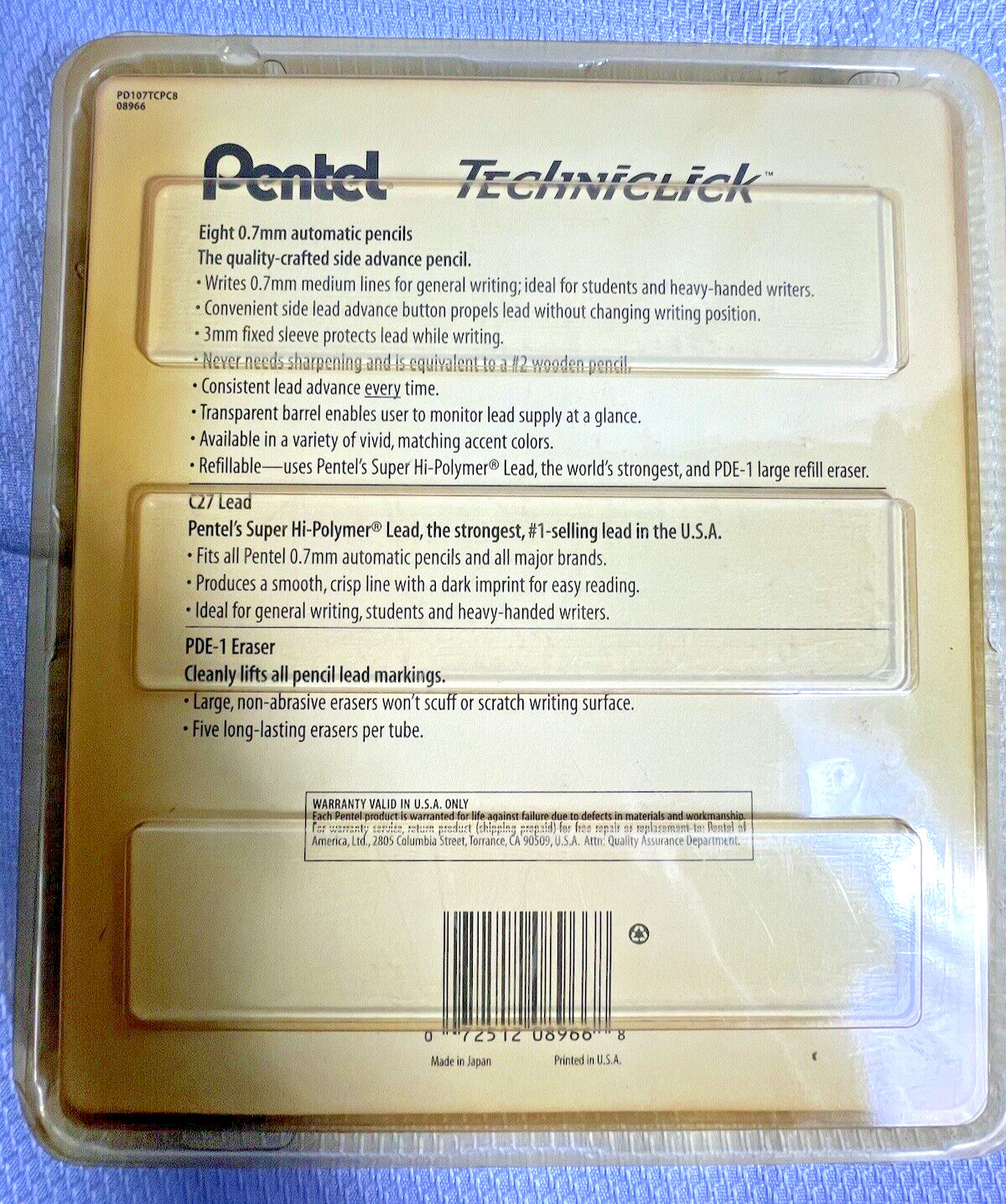 8 Pack Pentel Techniclick 0.7mm Mechanical Pencils PD107T Lead Erasers