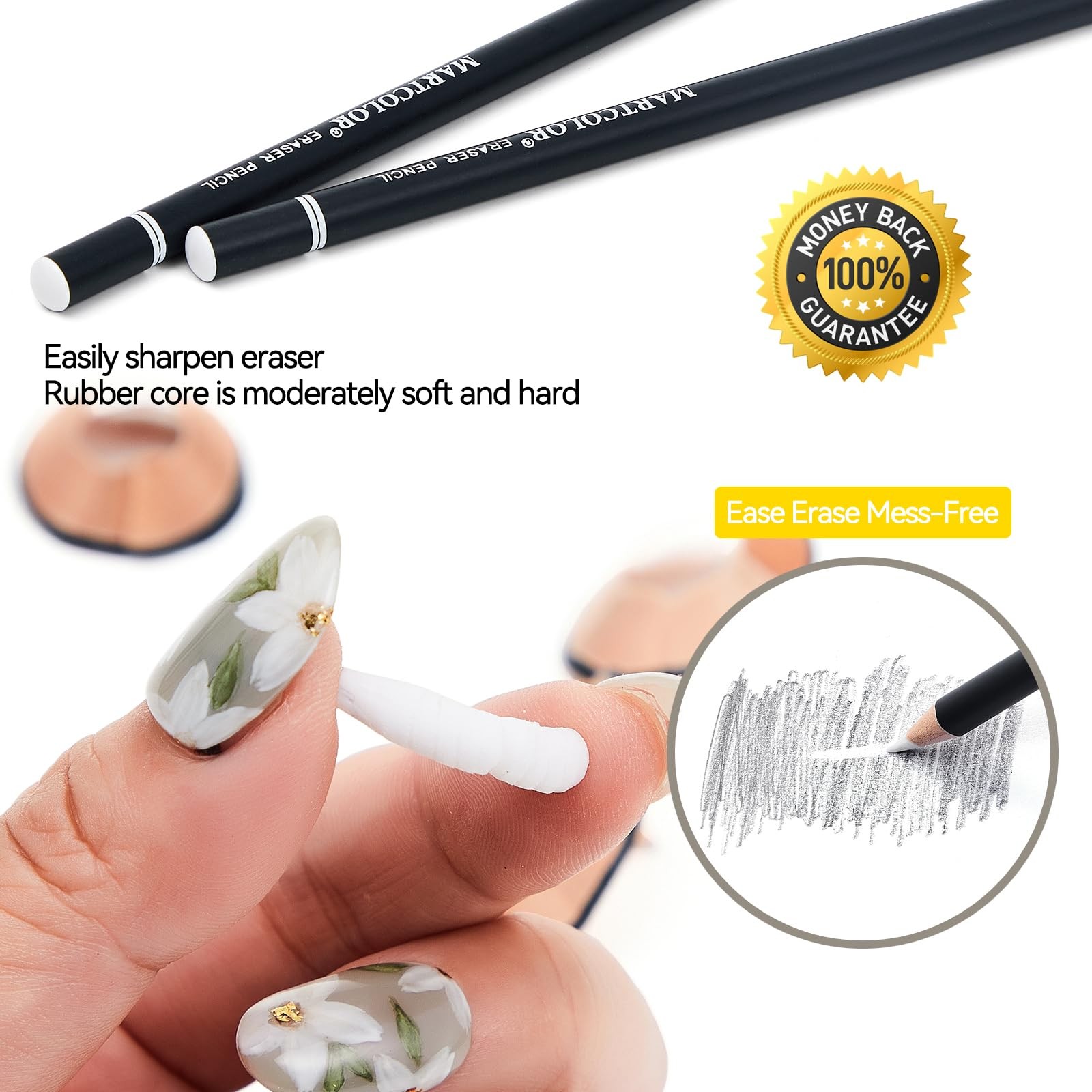 MARTCOLOR 6pc Eraser Pencils and 2pc Sharpener, 1 Count (Pack of 8), White