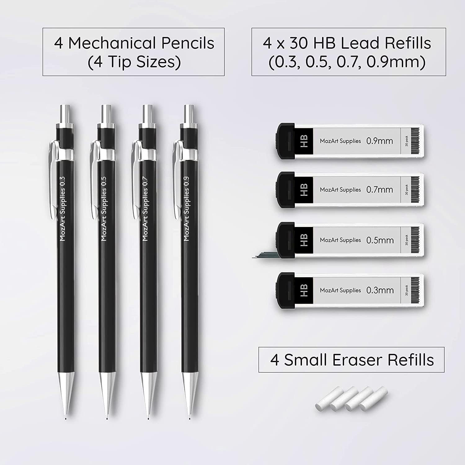 MozArt Ergonomic Mechanical Pencil Set – 4 Sizes, 30 Leads, and Case for Artists