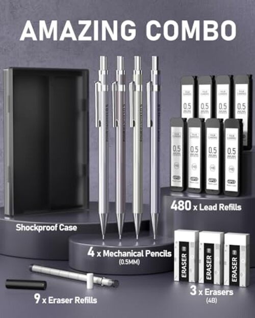 0.5mm Mechanical Pencil Set with Case – 4PCS Metal Mechanical Pencils, 8 0.5MM