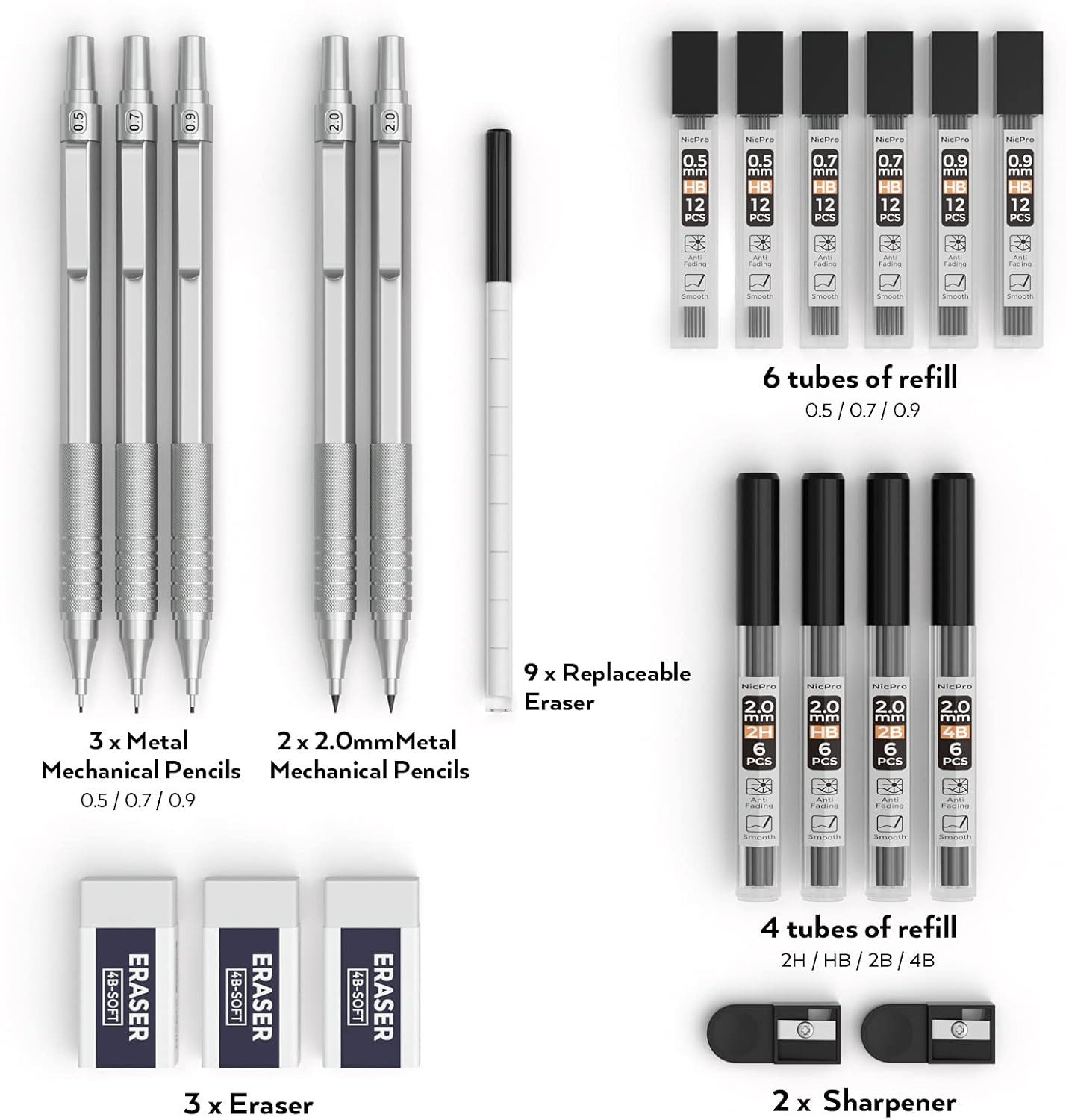 Nicpro 22PCS Metal Mechanical Pencil Set in Case, Art Drafting Pencil 0.5, 0.7