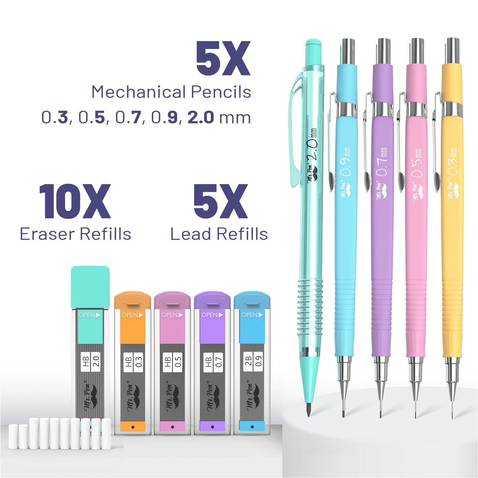 Mr. Pen- Pastel Mechanical Pencil Set, 5 Mechanical Pencils (0.3, 0.5, 0.7 | 0.9