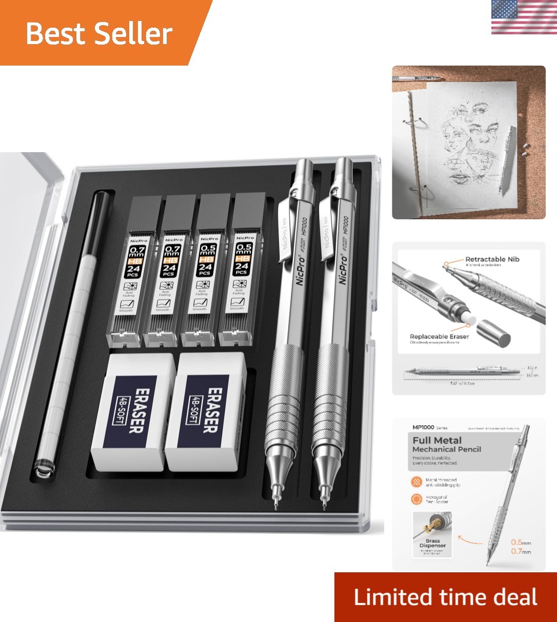 2 PCS Mechanical Pencils with HB Lead Refills & Erasers – Silver Finish