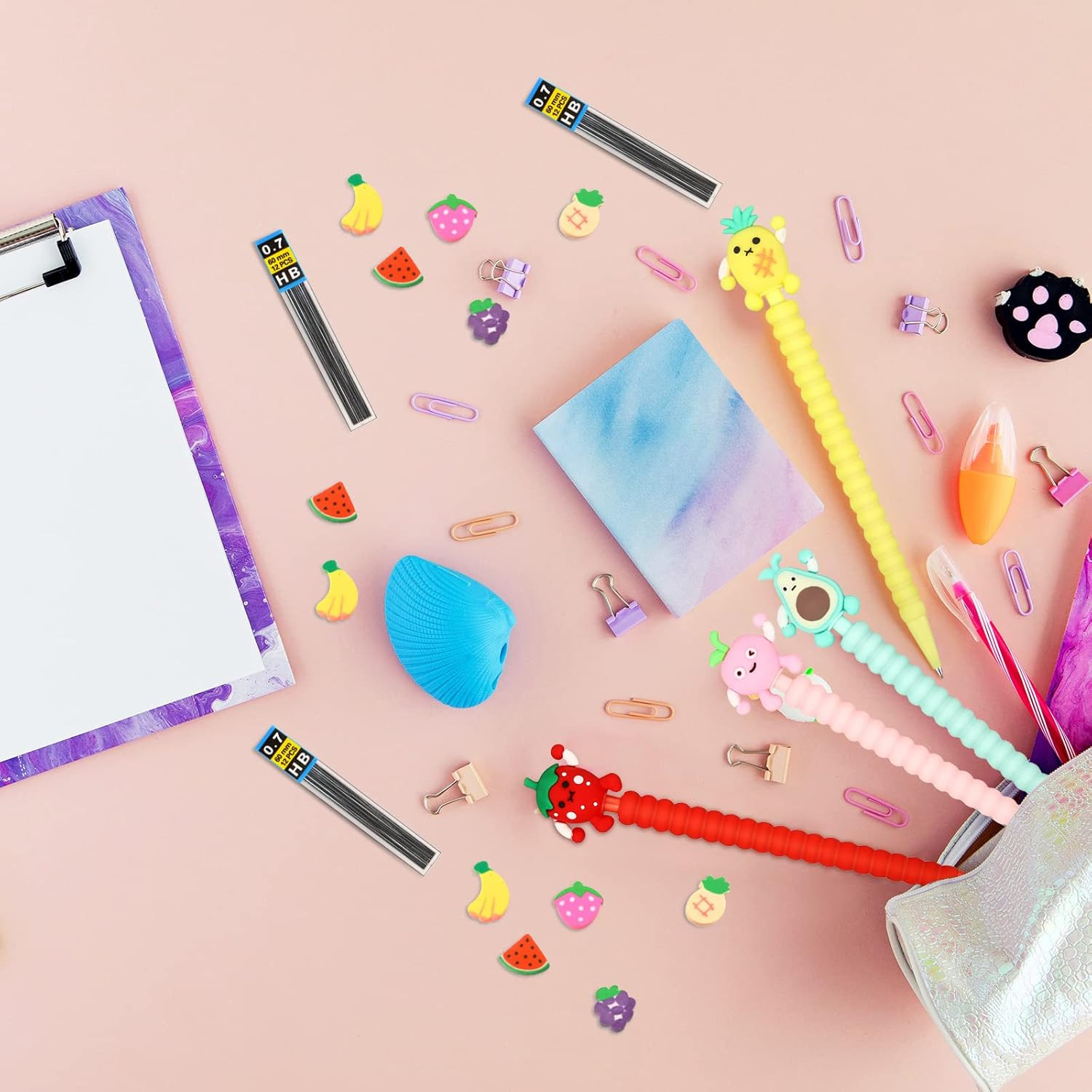 24 Pieces Cute Mechanical Pencil with Fruit Erasers and Refills Pastel Colorful