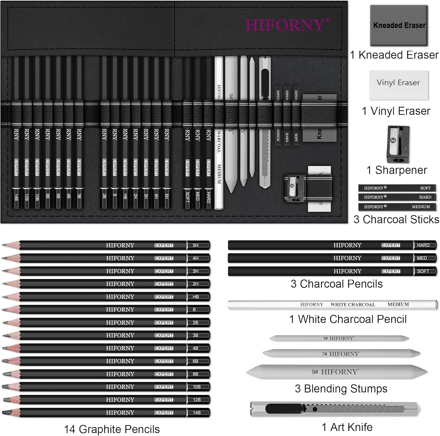 HIFORNY 28 PCS Sketching Drawing Pencil 1 Count (Pack of 28), Black