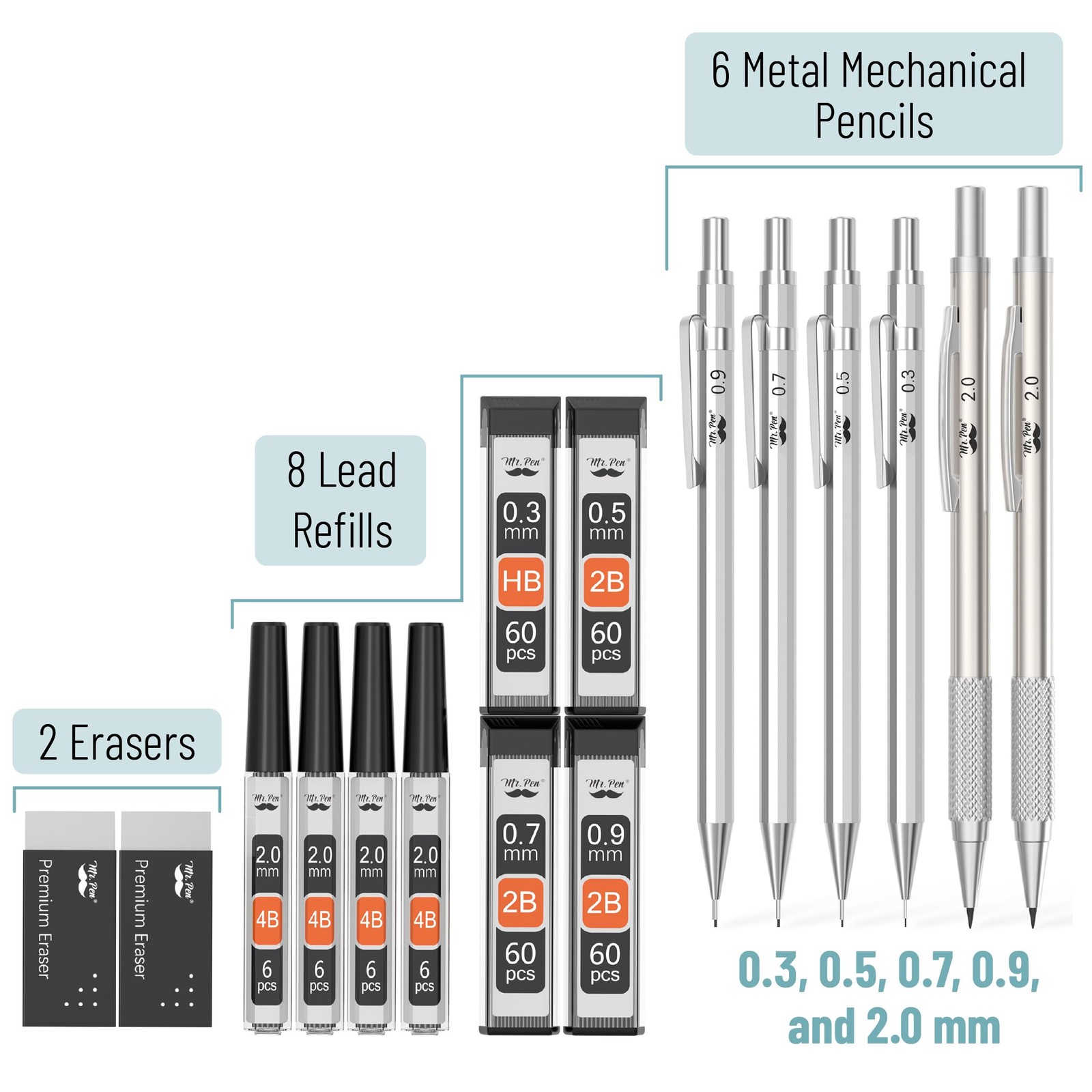 Mr. Pen- Metal Mechanical Pencil Set with Lead Refills & Erasers, 6 Pack | 5 Siz