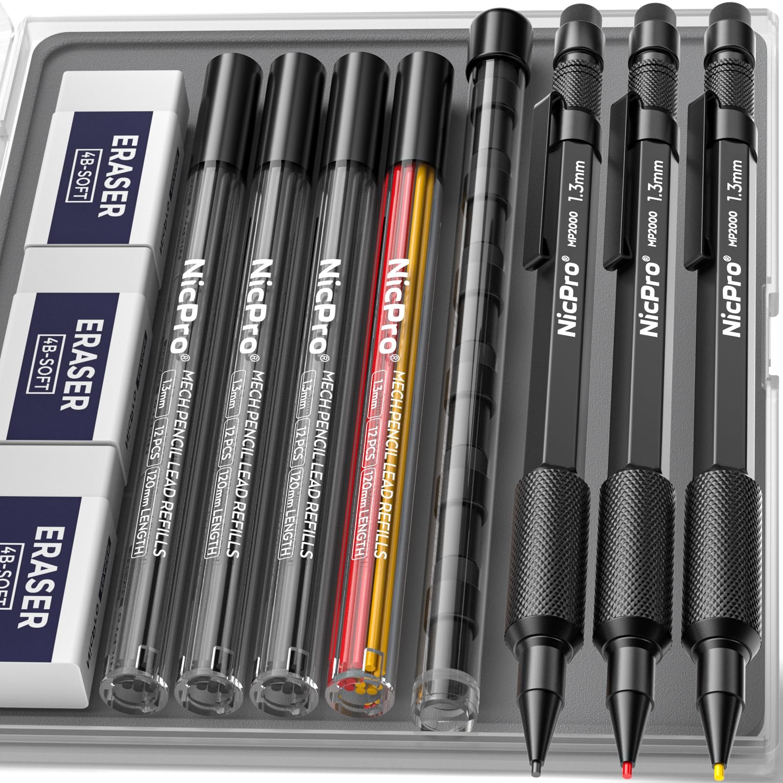 Nicpro 3 PCS 1.3 mm Blacke Mechanical Pencils Set with 48 Black, Yellow, Red