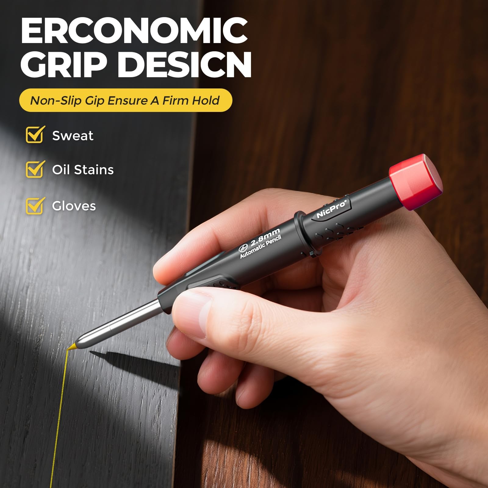 Nicpro Carpenter Pencil with Sharpener, CP3000 Black Red