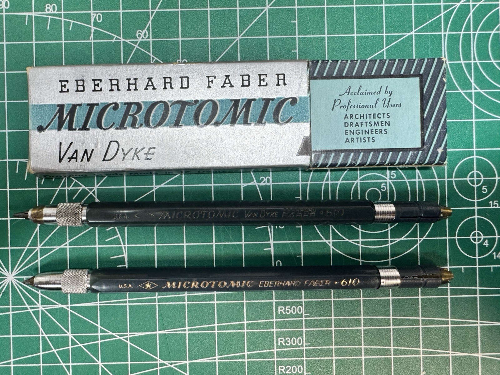 2 Eberhard Faber Microtomic Green Lead Holders with Van Dyke & Boxed 4H Leads