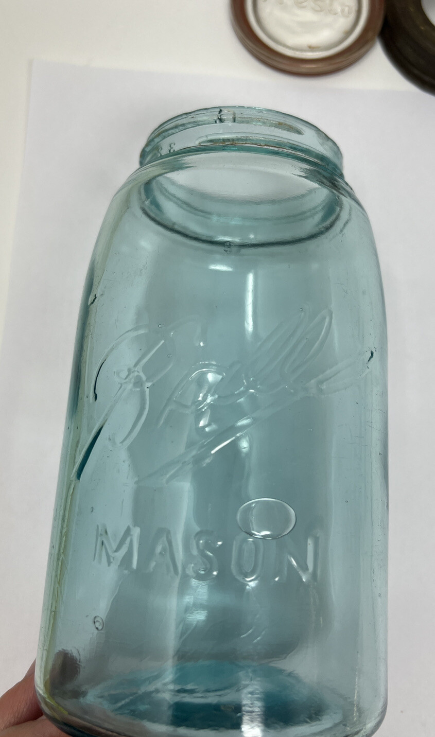 Antique Rare Fruit Jar Qt. Ball Mason Air Bubbles Blue