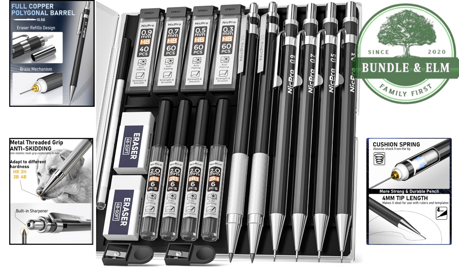 Artistic Mechanical Pencil Set with 6 Pencils and 8 Lead Refills in Storage Case