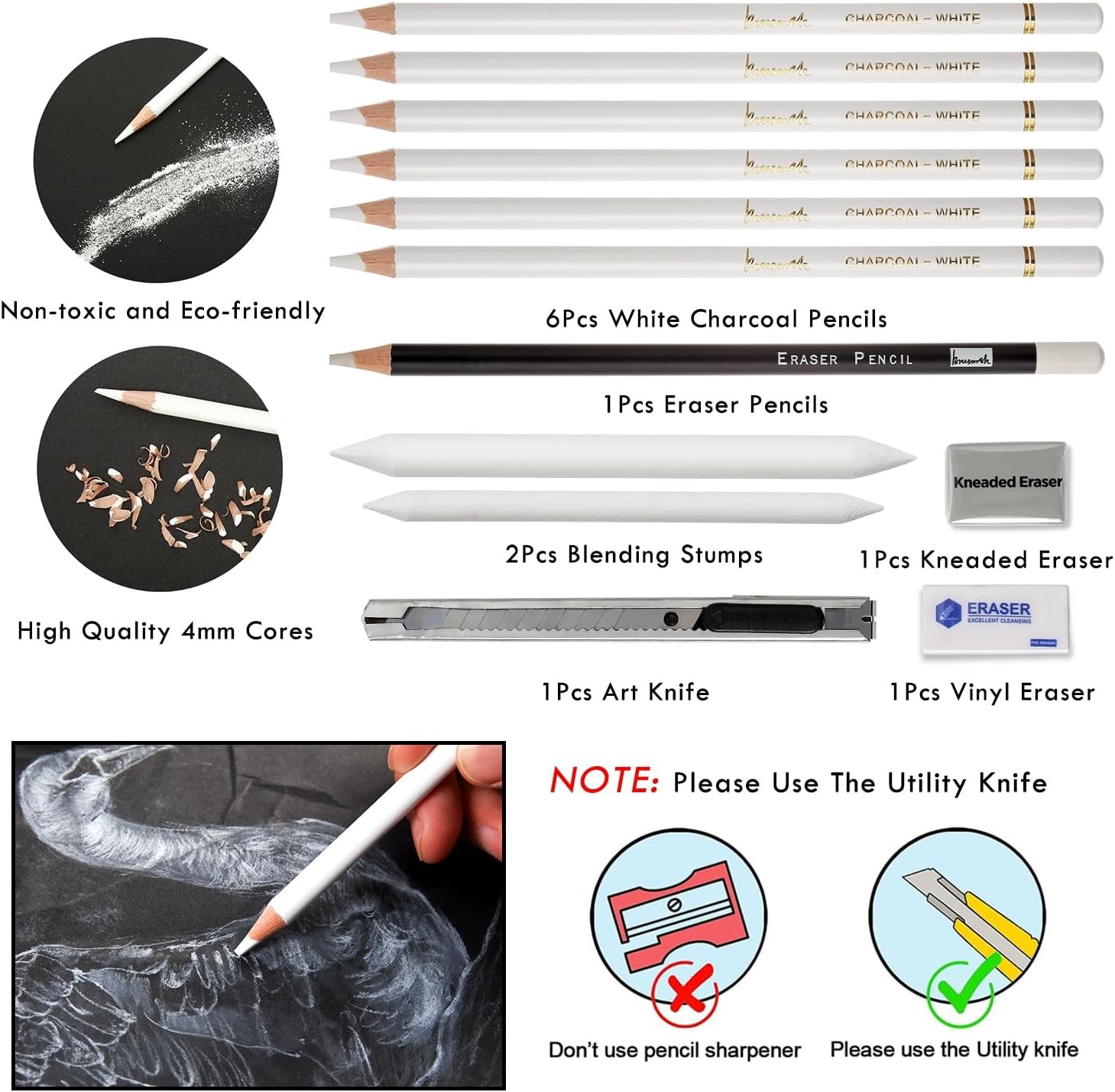 White Charcoal Pencils Set – 12 Piece Sketch Highlight