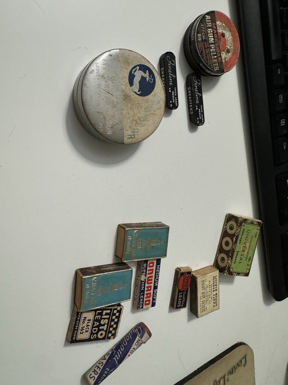 Assorted Vintage Metal & Boxes Of Pencil Lead , Matchboxes, Erasers- Some Full