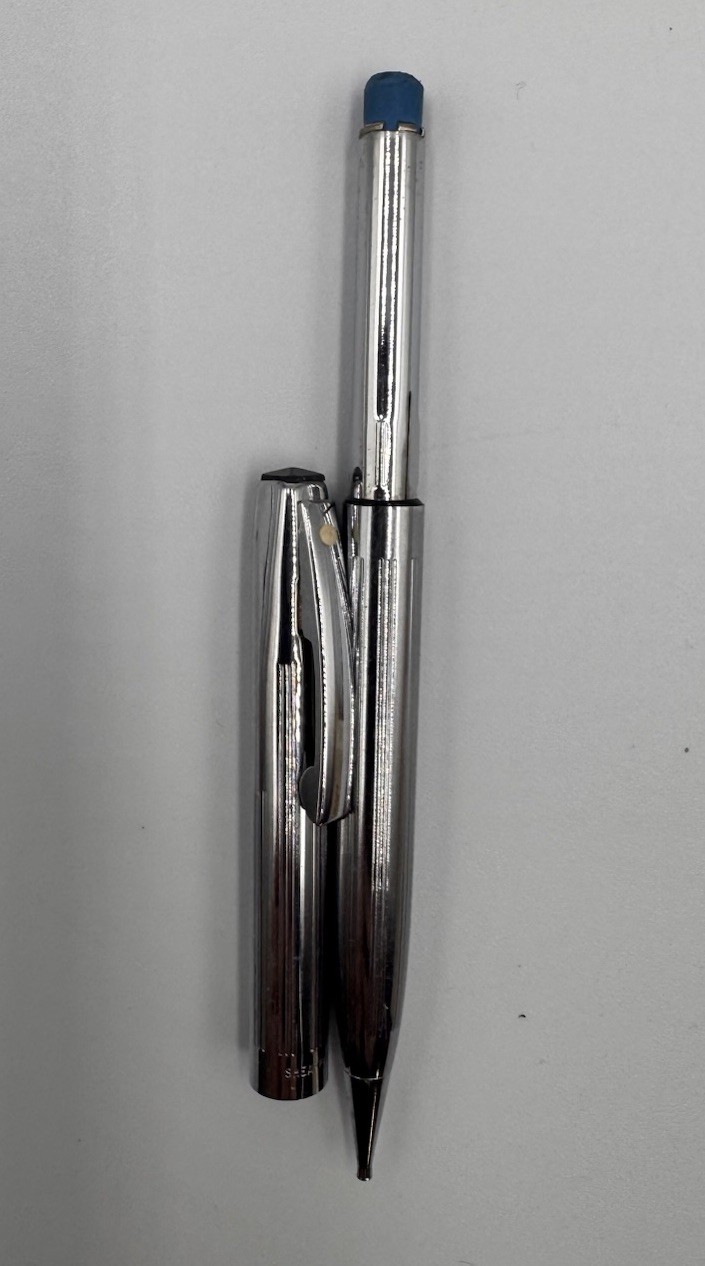 VTG Sheaffer Mechanical Pencil Ribbed Chrome White Dot W/Erasers & Lead Refills