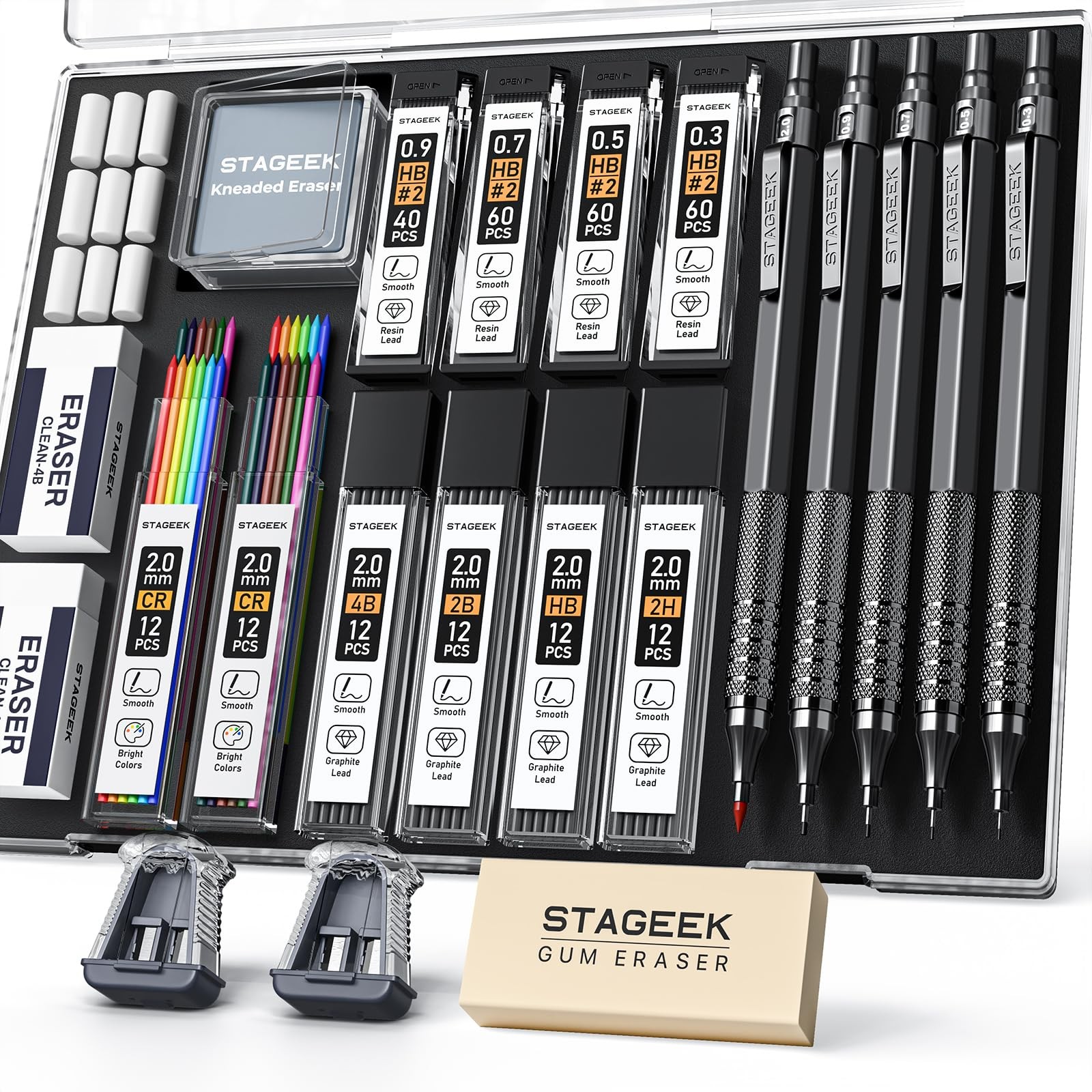 Metal Mechanical Pencil Set 0.3 0.5 0.7 0.9 2mm Holder Lead Refills 21 PCS