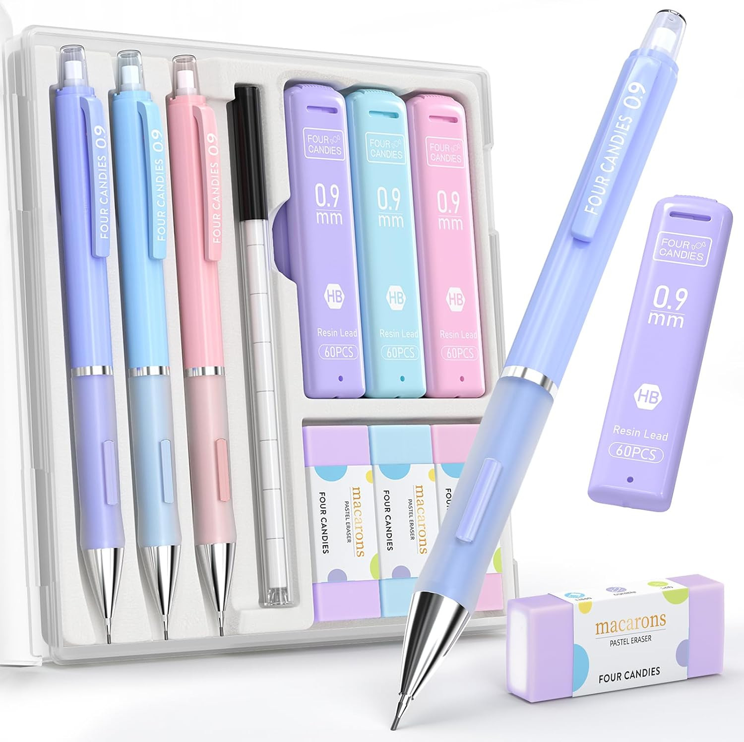 3PCS Cute Mechanical Pencils Set, 0.9Mm with 360PCS Thick Leads, Pastel Erasers
