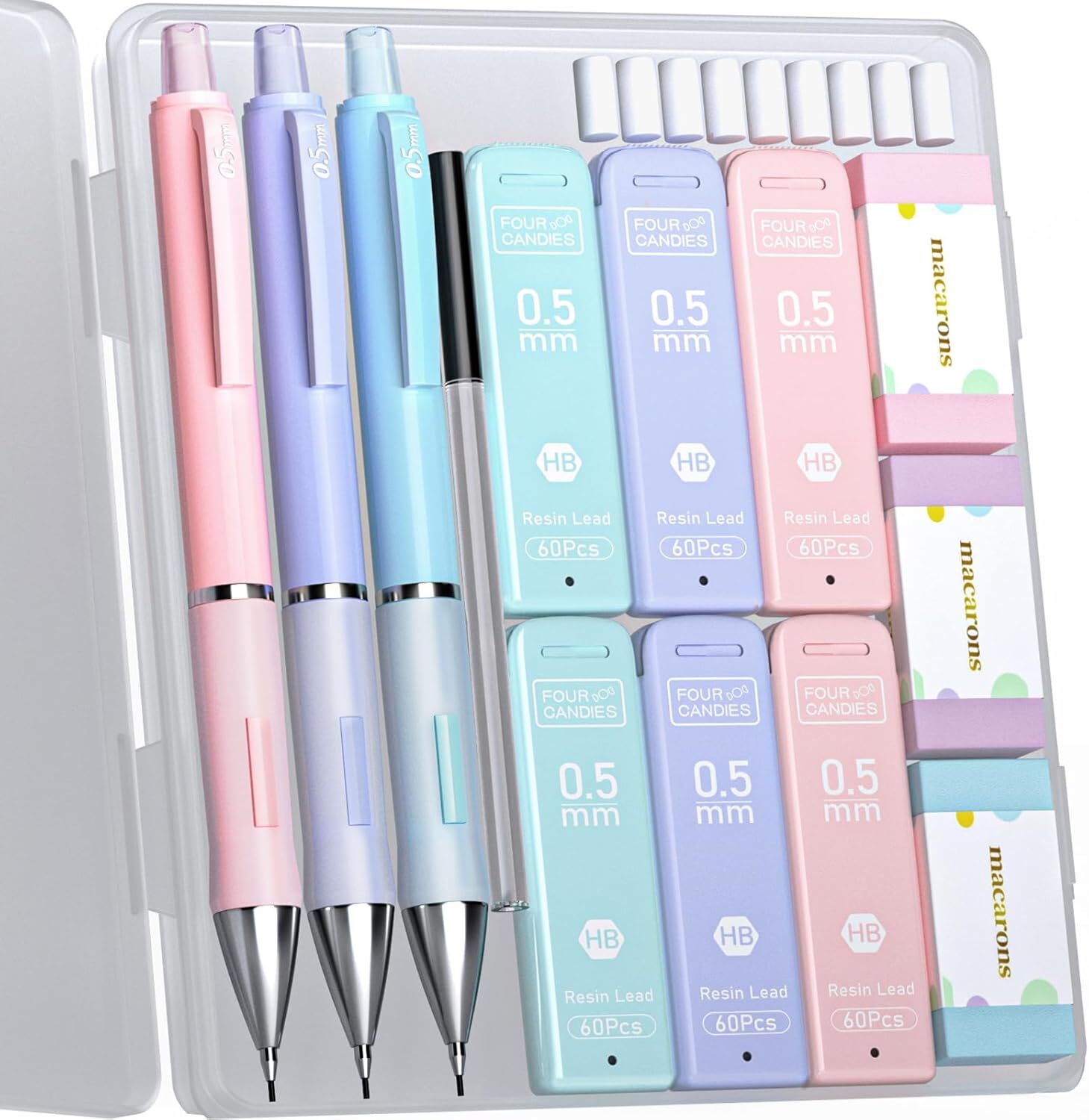 0.5 Mechanical Pencil Set, with 0.5mm #2 Lead Refills, Pastel Erasers & Eraser