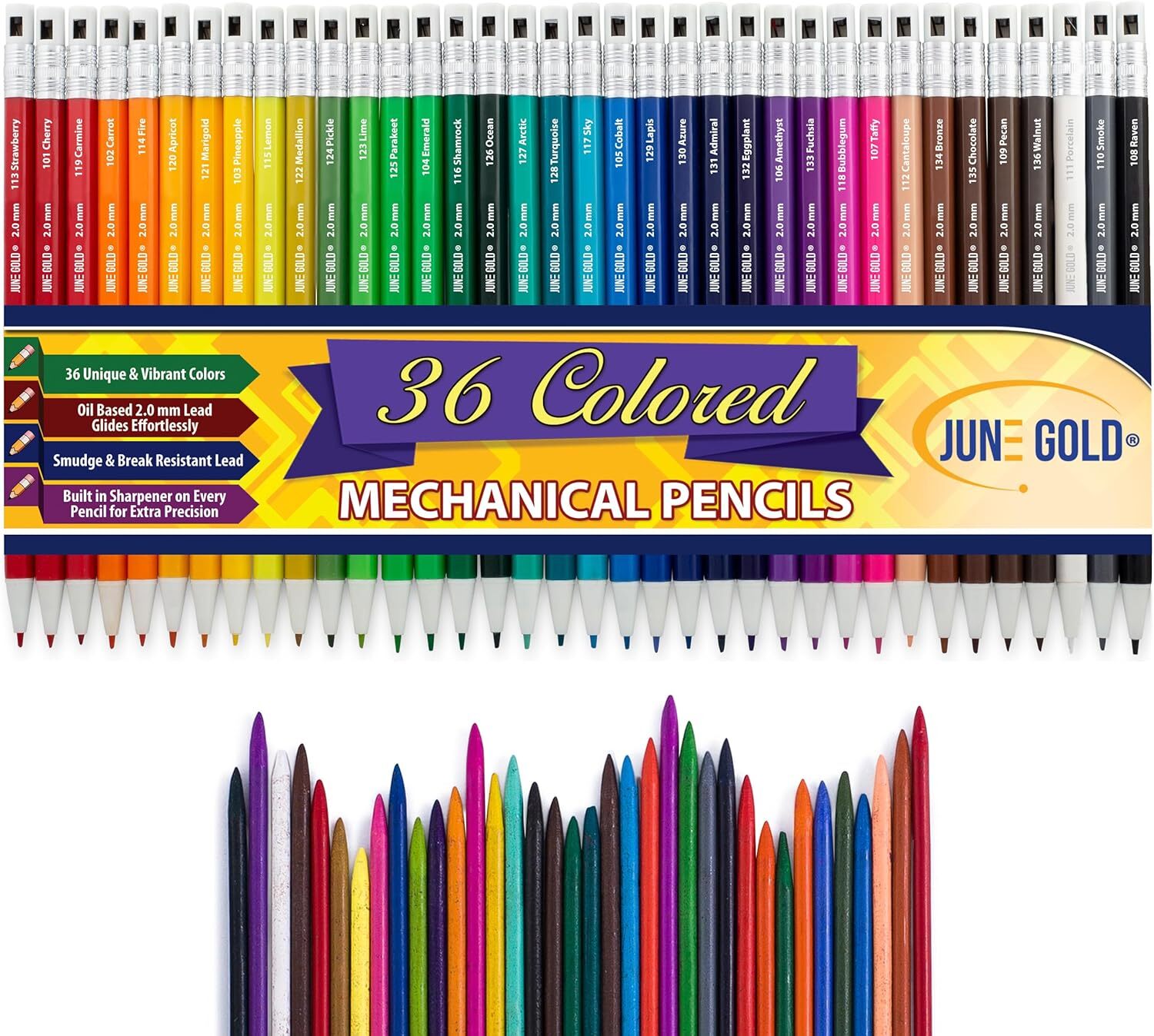 June Gold 36 Assorted Colored 2.0 Mm Mechanical Pencils with 36 Unique Color Lea