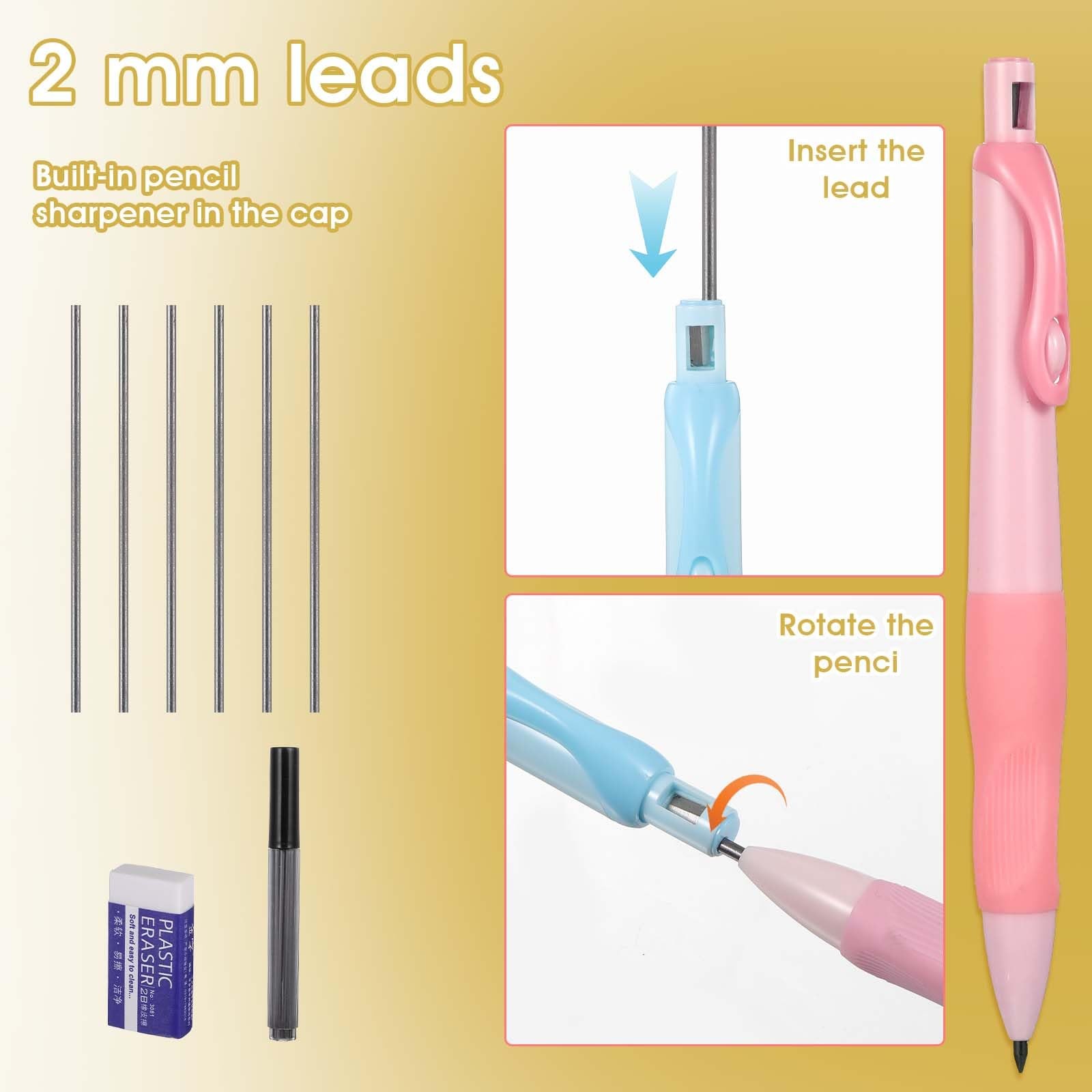 Colorful 2.0mm Mechanical Pencils Ergonomic Grip Refills Erasers Set 6 PCS