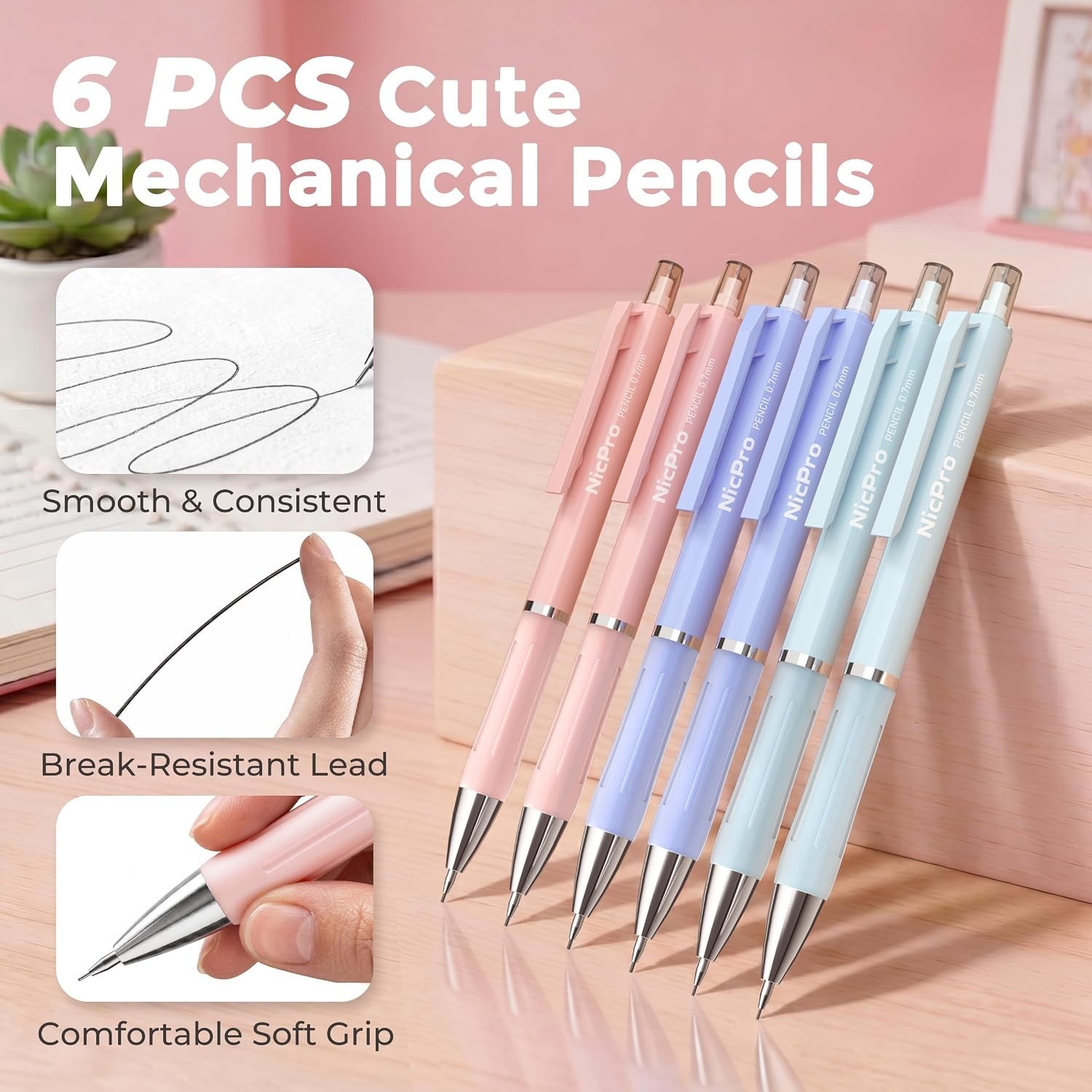 Complete Cute Pastel 6PCS Mechanical Pencil Set with Storage Case for Students