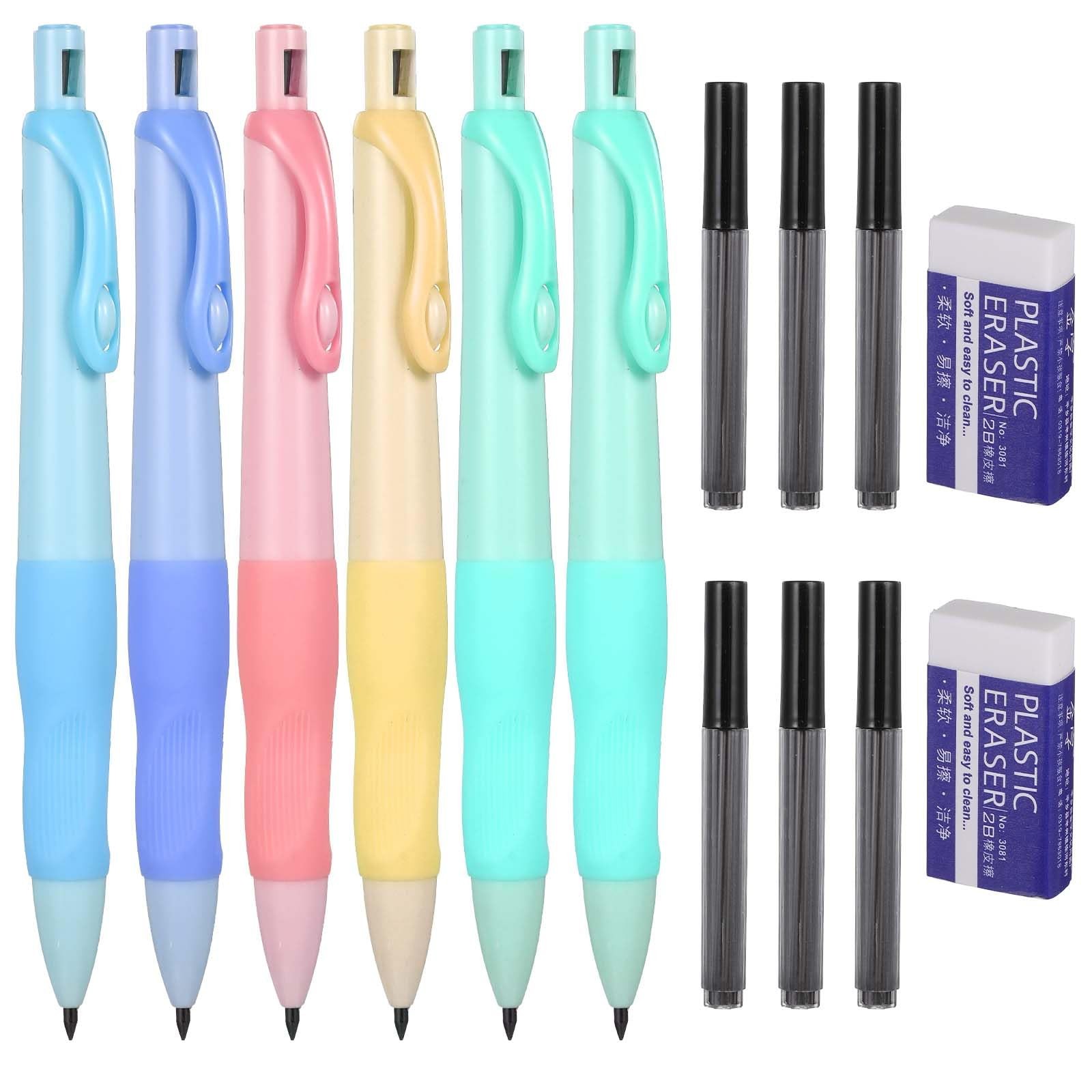 Mechanical Pencils Thick 2.0mm Comfort Grip Leads Erasers Colorful 6 PCS