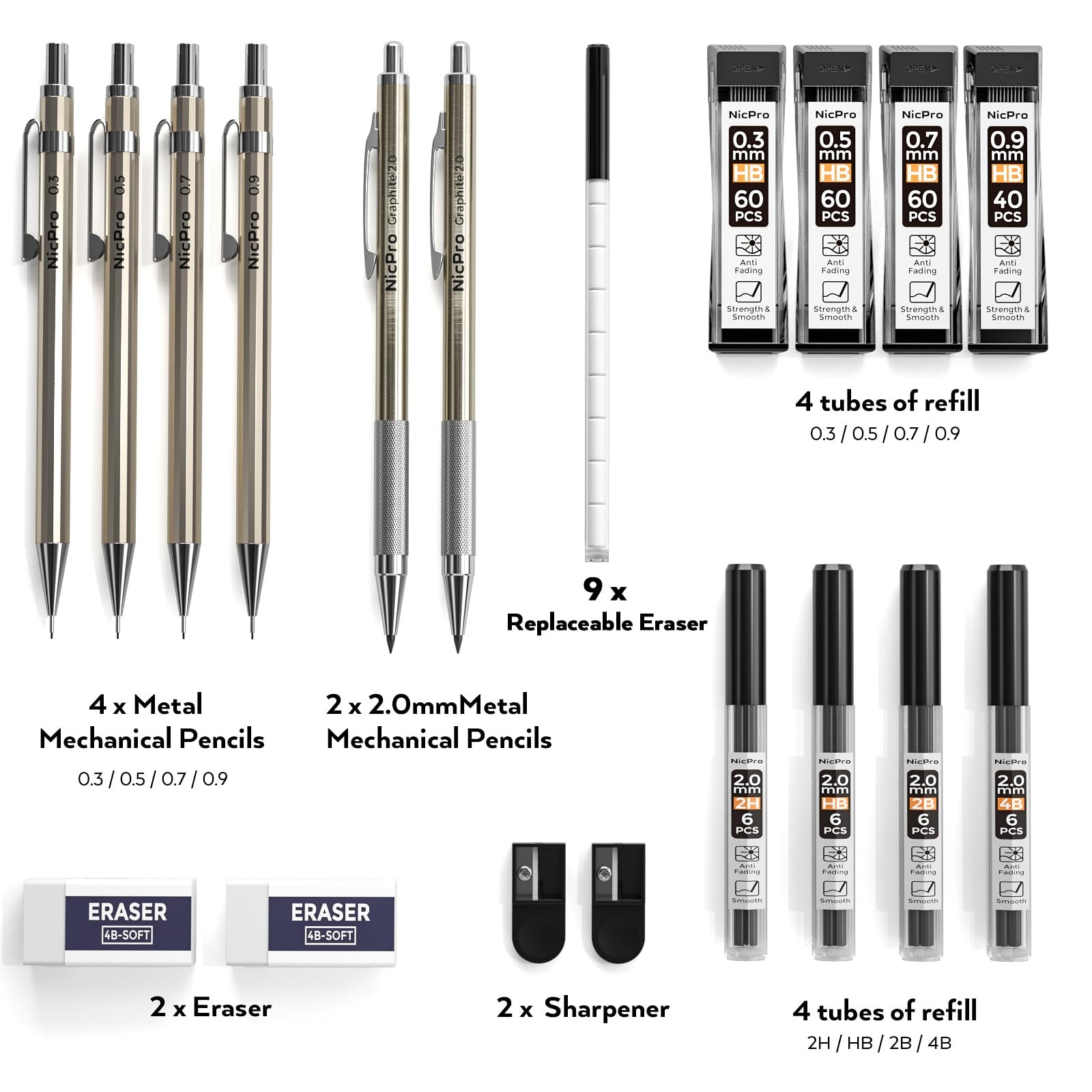 Nicpro 6PCS Metal Mechanical Pencil Set, Full Copper 28 Piece Gold