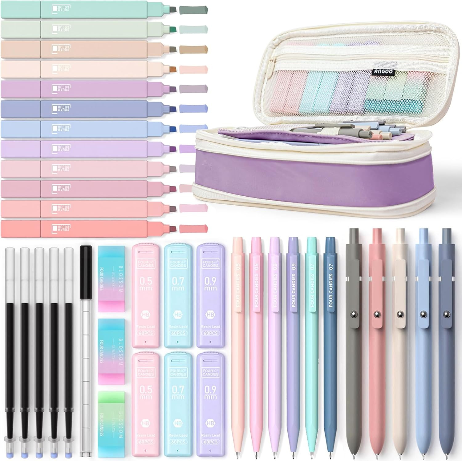 Aesthetic School Supplies Set with Pastel Highlighters and Cute Pen Case (Purple