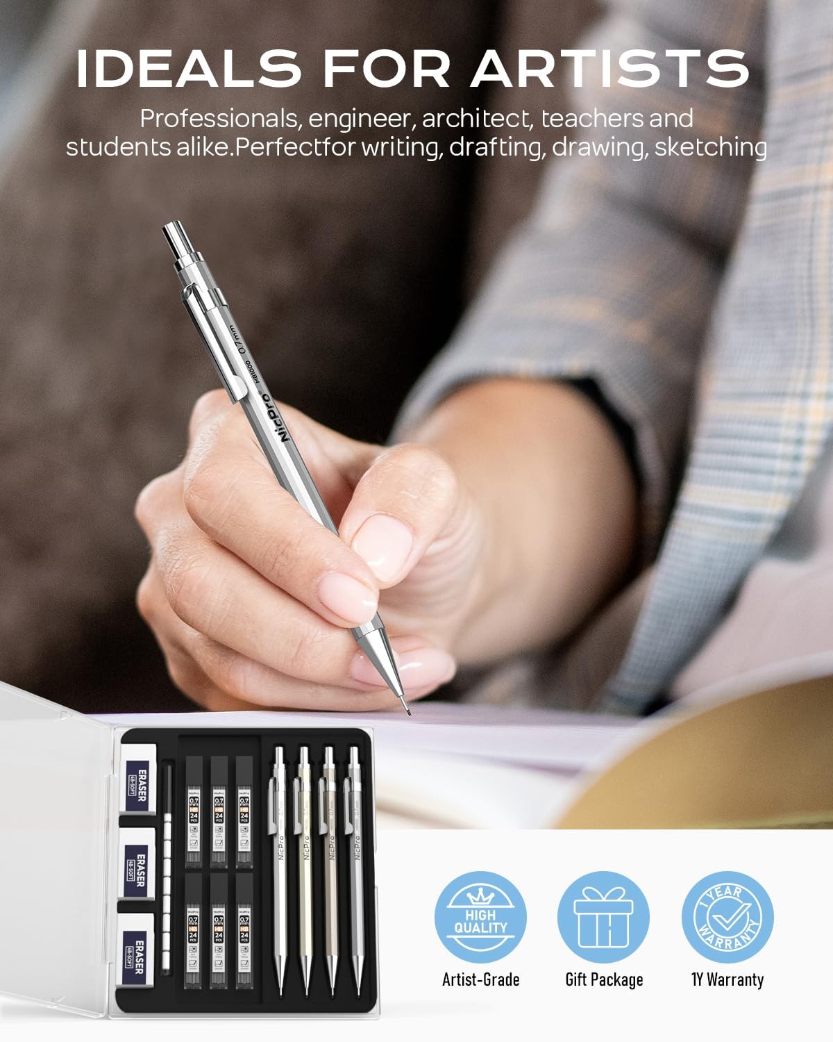 Nicpro 4 Pack Mechanical Pencil 0.7mm with Case, MB1000 Metal 0.7mm, Black