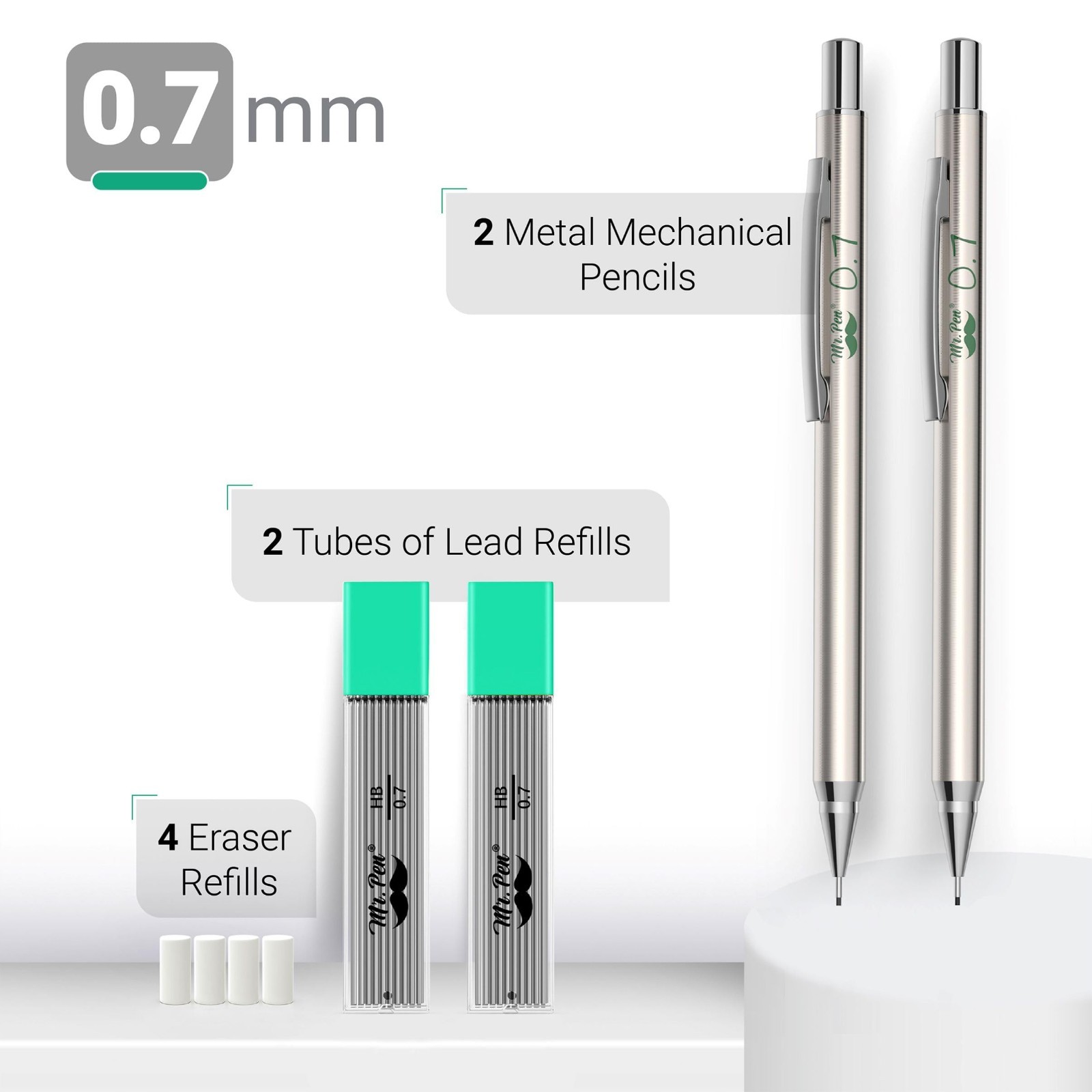 Mr Pen Mechanical Pencil Set 0.7mm 2 Pack HB Lead Refills Erasers Drawing