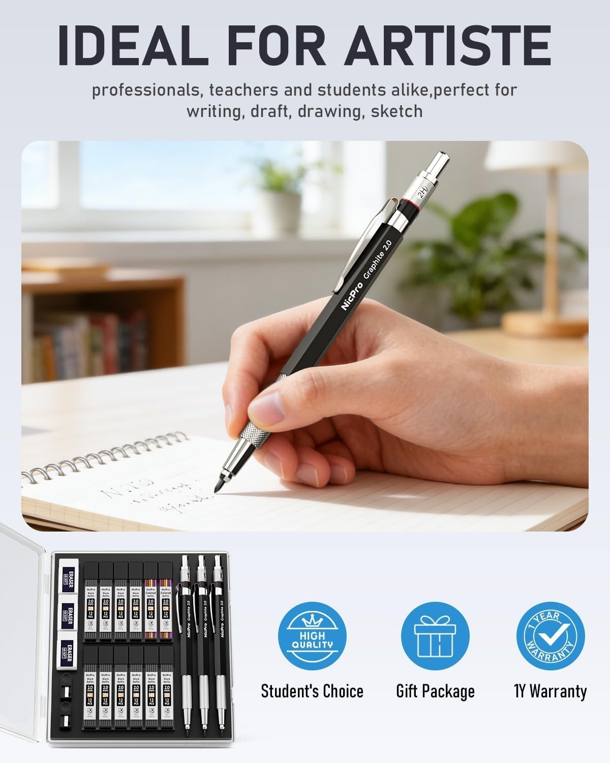 Graphite 2mm Mechanical Pencil Set with Full Brass Body – Ergonomic Grip & Case