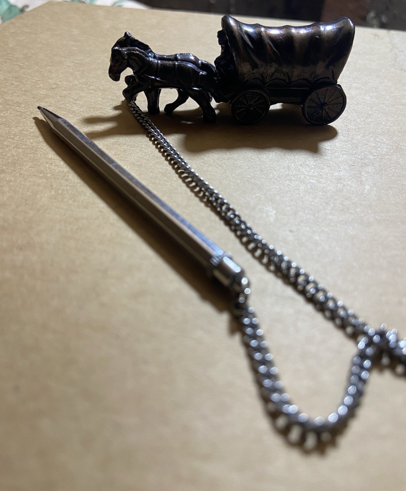Vintage Cast Iron Horses & Wagon Vintage Twist Mechanical Pencil On Chain