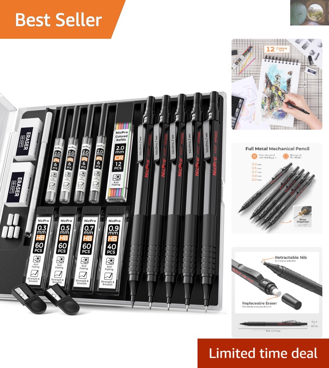 5PCS Black Metal Mechanical Pencil Set with Lead Refills for Artists & Engineers