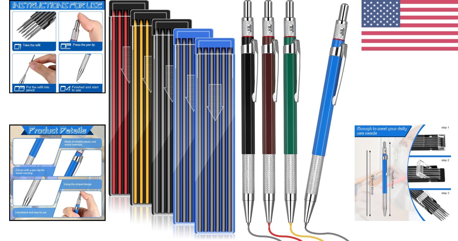 Metal Marker Pens Set 4 Colors with 60 Refills for Office and Construction