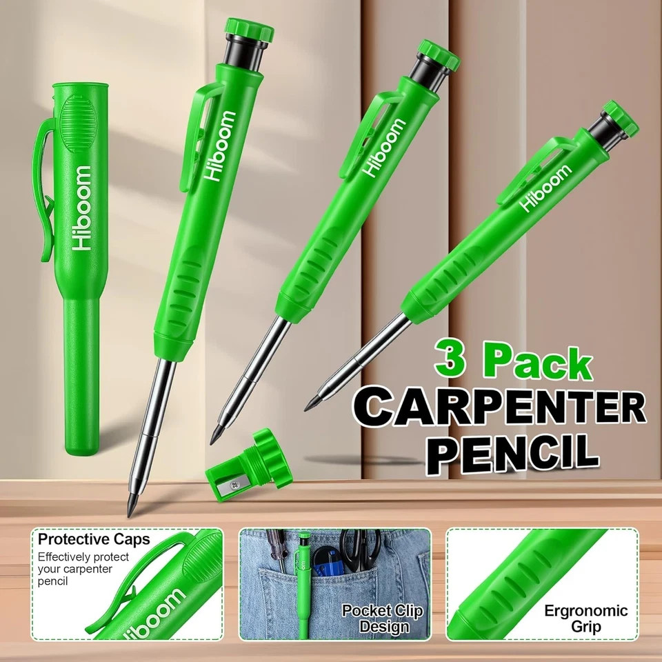 3 Pack Carpenter Pencil with 24 Refills (Red, Black, Yellow), 2.8 Mm Heavy Duty