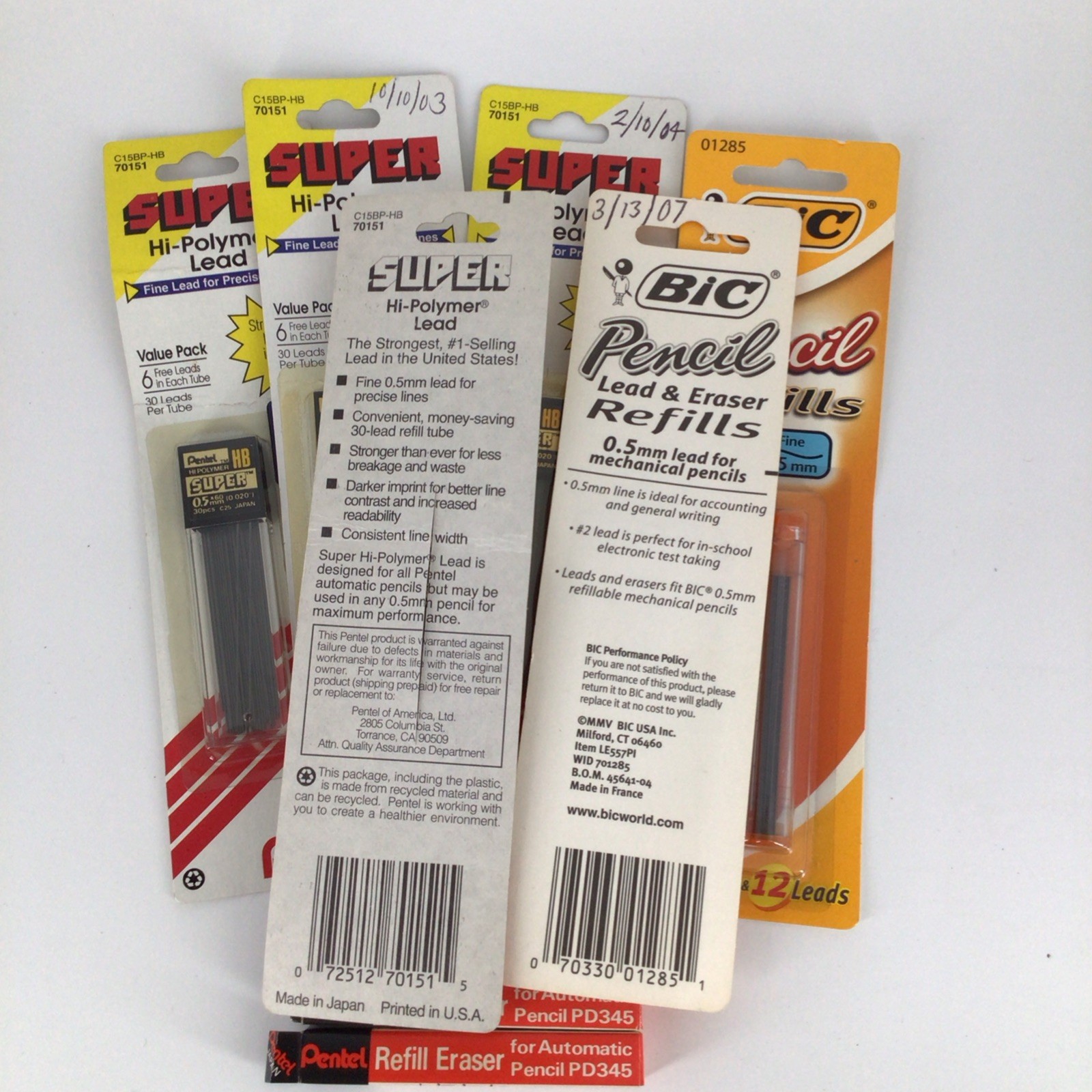 Pentel Super Hi-Polymer Mechanical Pencil Refill Lead 0.5mm HB & Eraser Lot