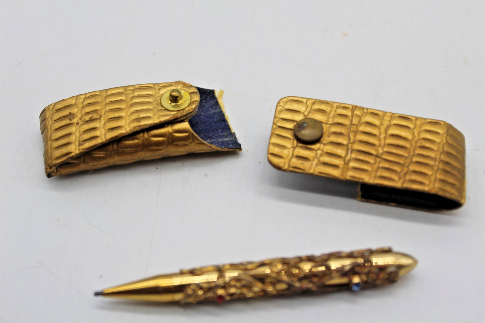 Vintage Gold Tone Filigree Mini Mechanical Pencil with Rhinestones 1950’s case
