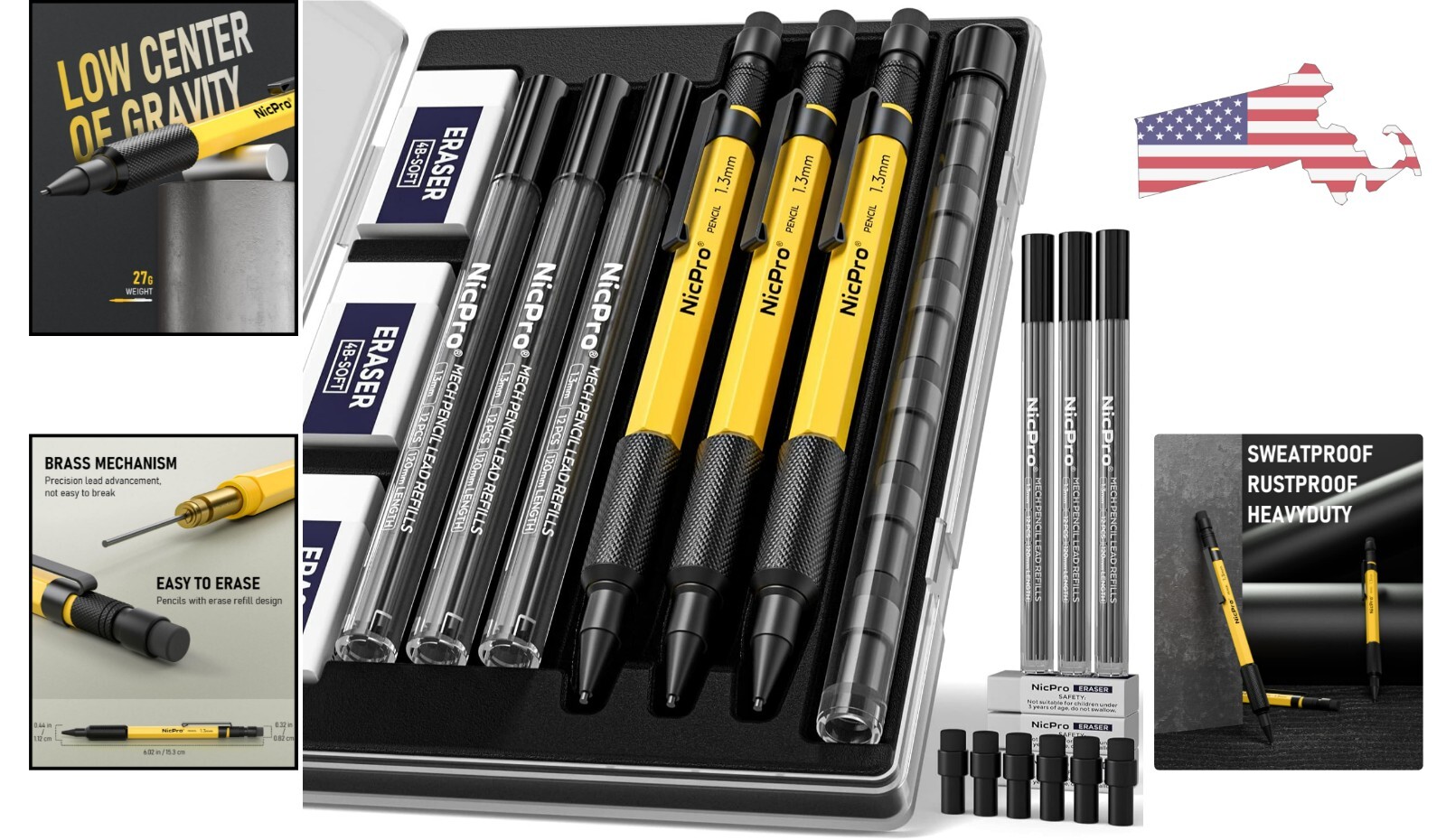 Premium Mechanical Pencil Set – 36 Lead Refill – 3 Eraser – Marking – Case