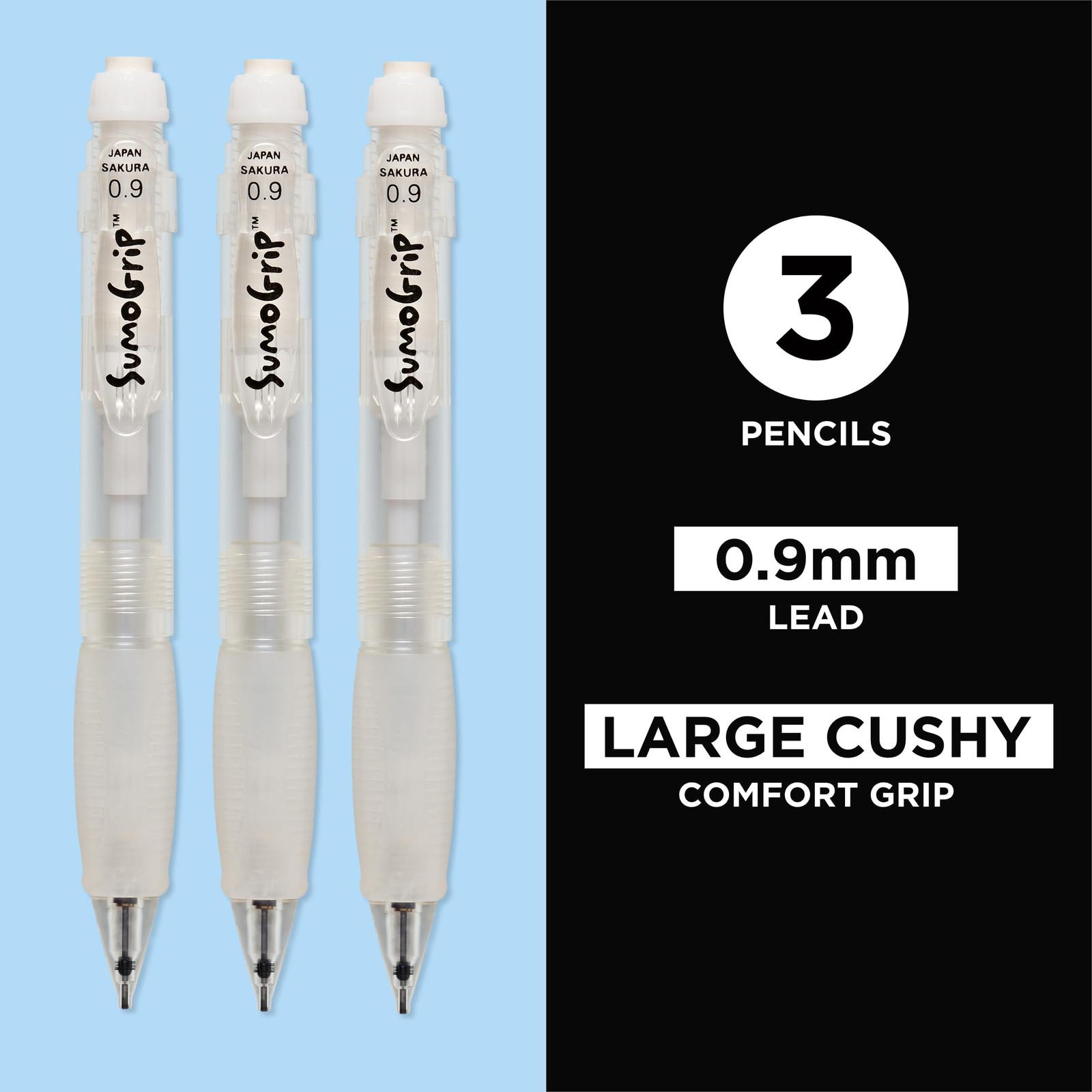 SAKURA SumoGrip Pencil with Comfort Grip – 0.9 mm 1 Count (Pack of 3), Clear