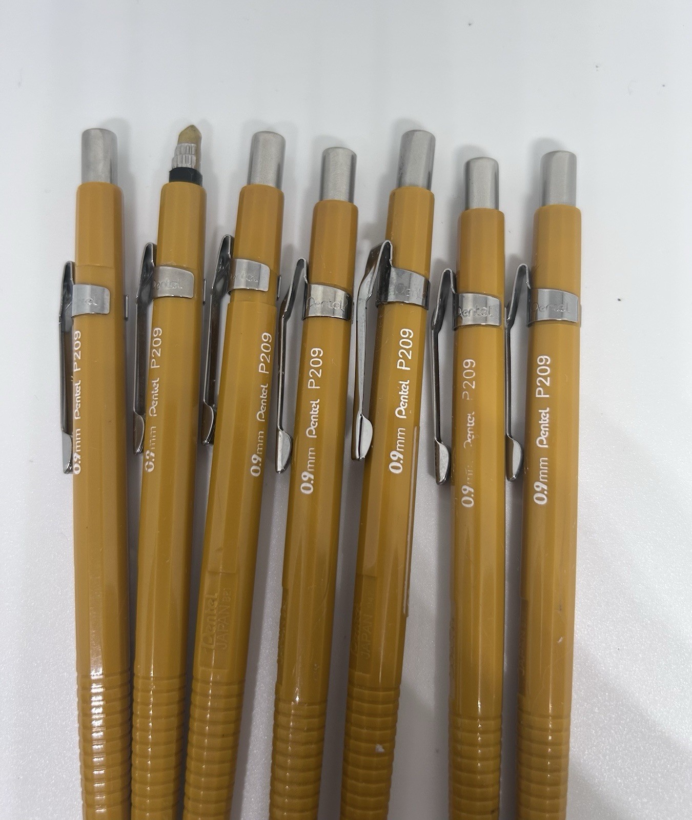 Lot of 7 Vintage Pentel P209 Mechanical Pencils – 0.9mm Mustard Yellow – Japan