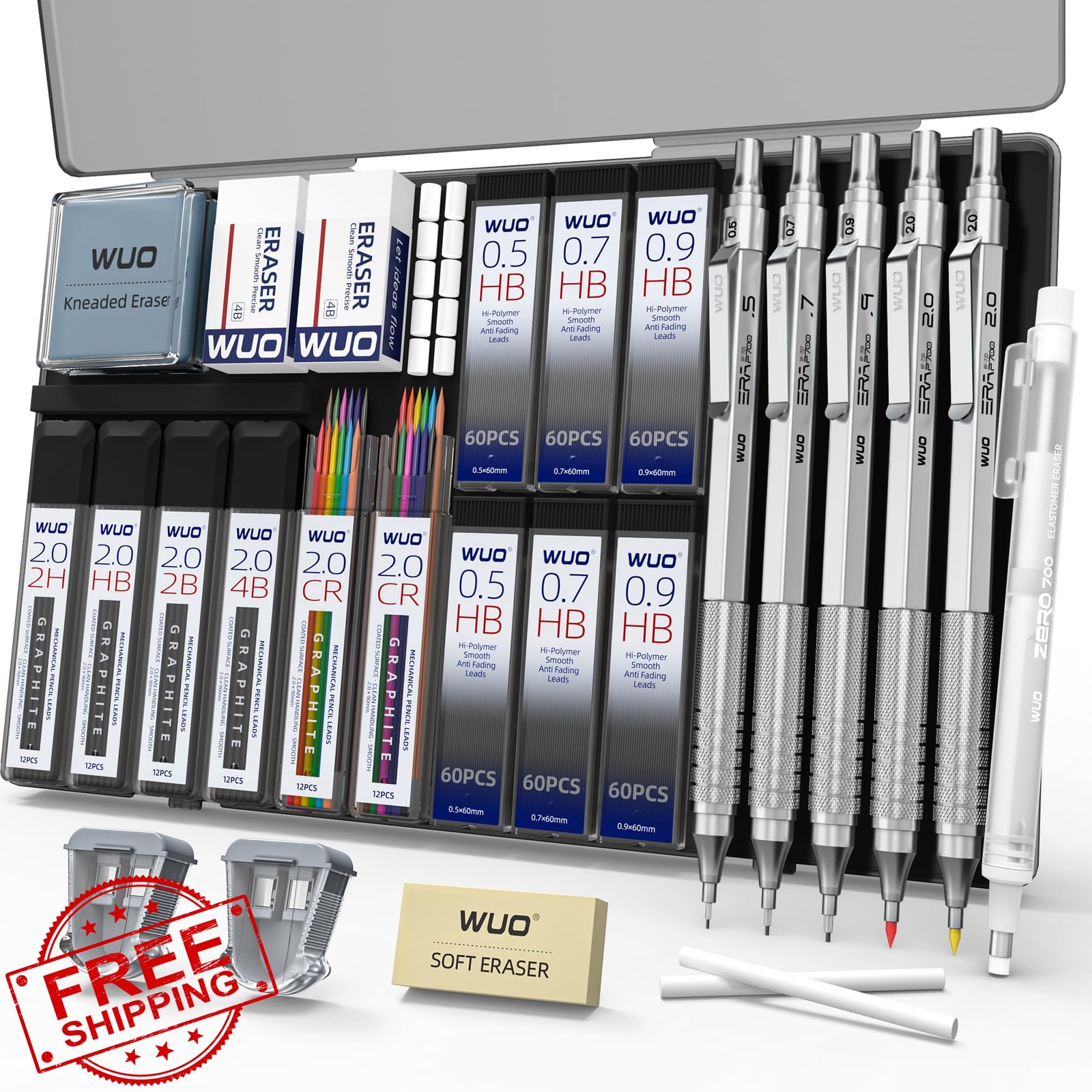 WUO Metal Mechanical Pencil Set, 5-Pack 0.5mm 0.7mm 0.9mm 2.0mm Drafting Penc…