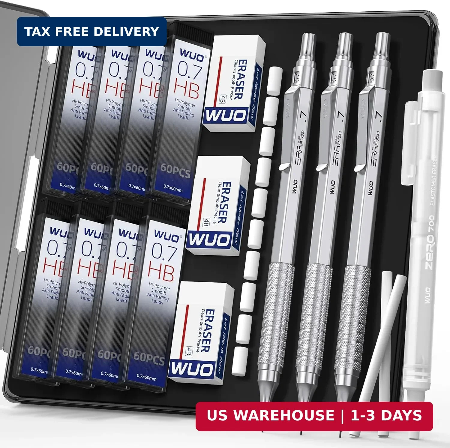 WUO Mechanical Pencils 0.7mm, 3 Silver Metal Drafting Pencils with 480 HB Lead R