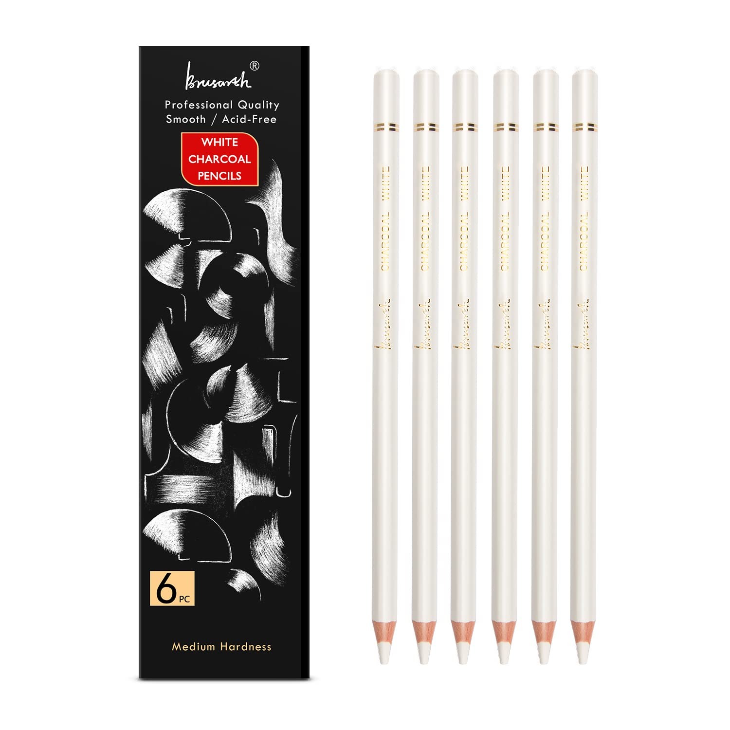 Brusarth White Charcoal Pencils Drawing Set, Professional 6-Piece