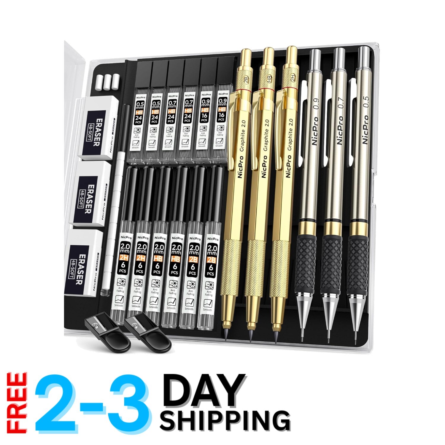 Mechanical Pencil Set Metal 0.5mm 0.7mm 0.9mm 2mm Lead Holder Drafting Drawing