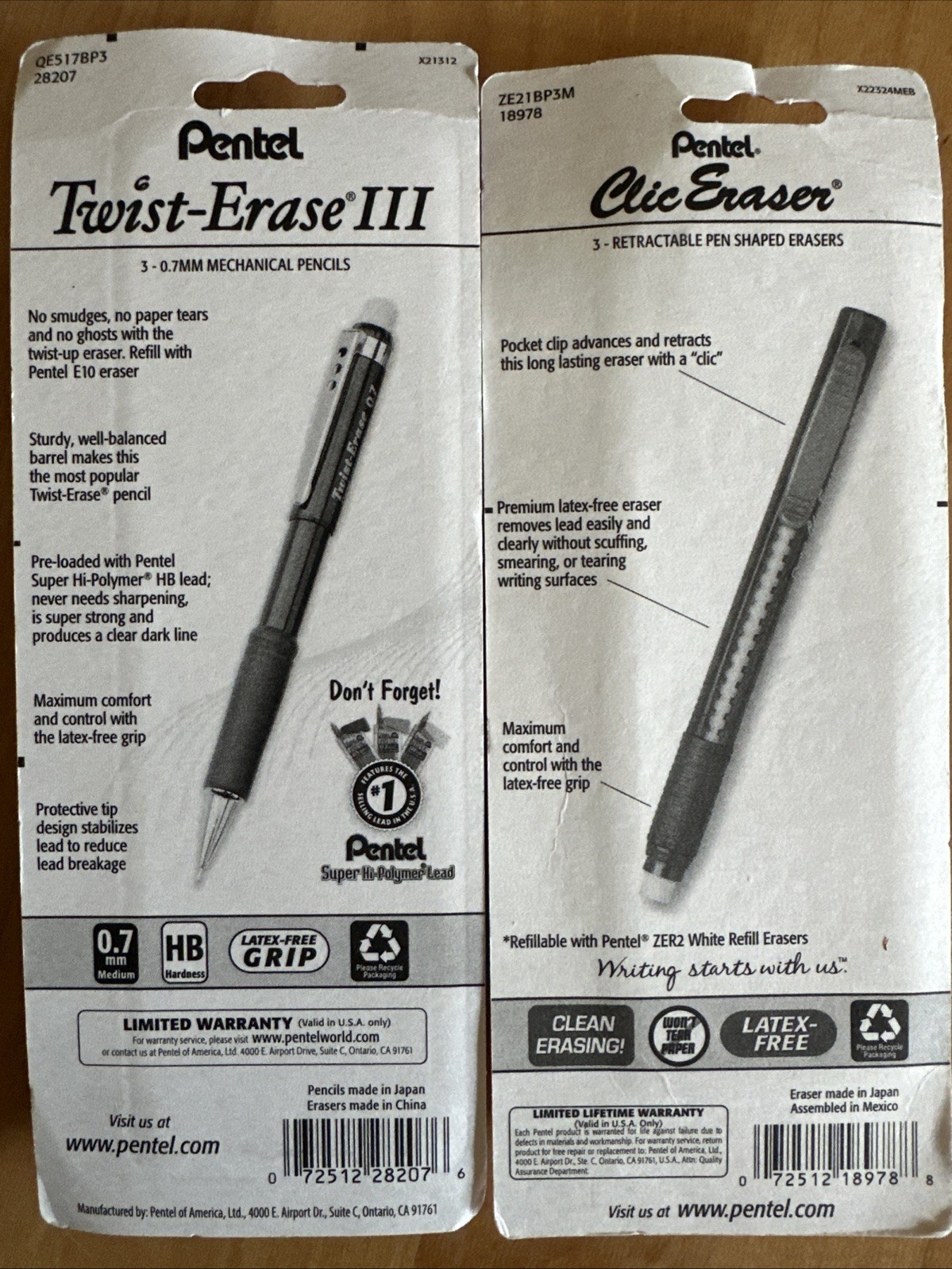 Pentel Twist-Erase III Mechanical Pencil 0.7mm Black Set of 3 w Clic Erasers LOT