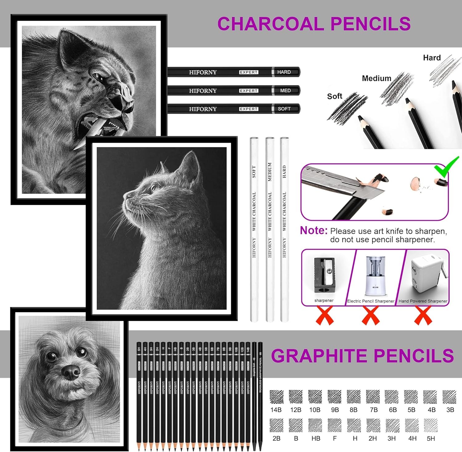 HIFORNY 60 Pcs Drawing Kit Sketching Pencil Set,Sketch Pencils Art Black