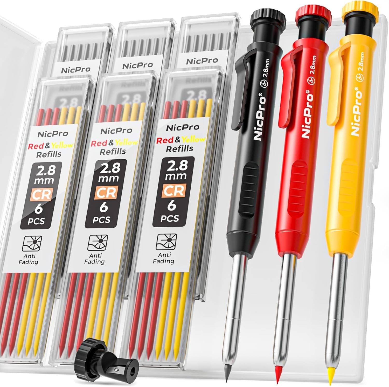 Nicpro 3 Pack Carpenter Pencil with 13 Count (Pack of 3), Black,Red,Yellow