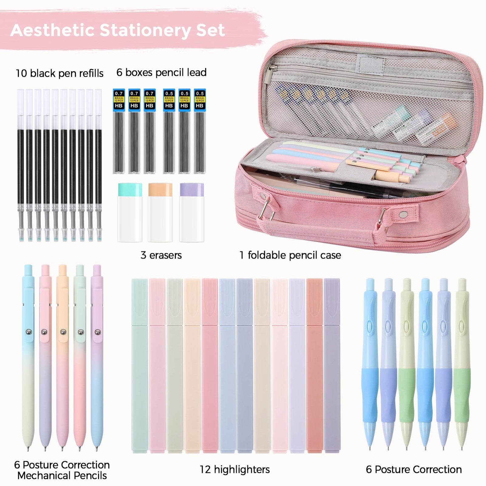 43PCS Aesthetic School Supplies, Stationery Kit with Cute Pen Case, 12 Pastel…
