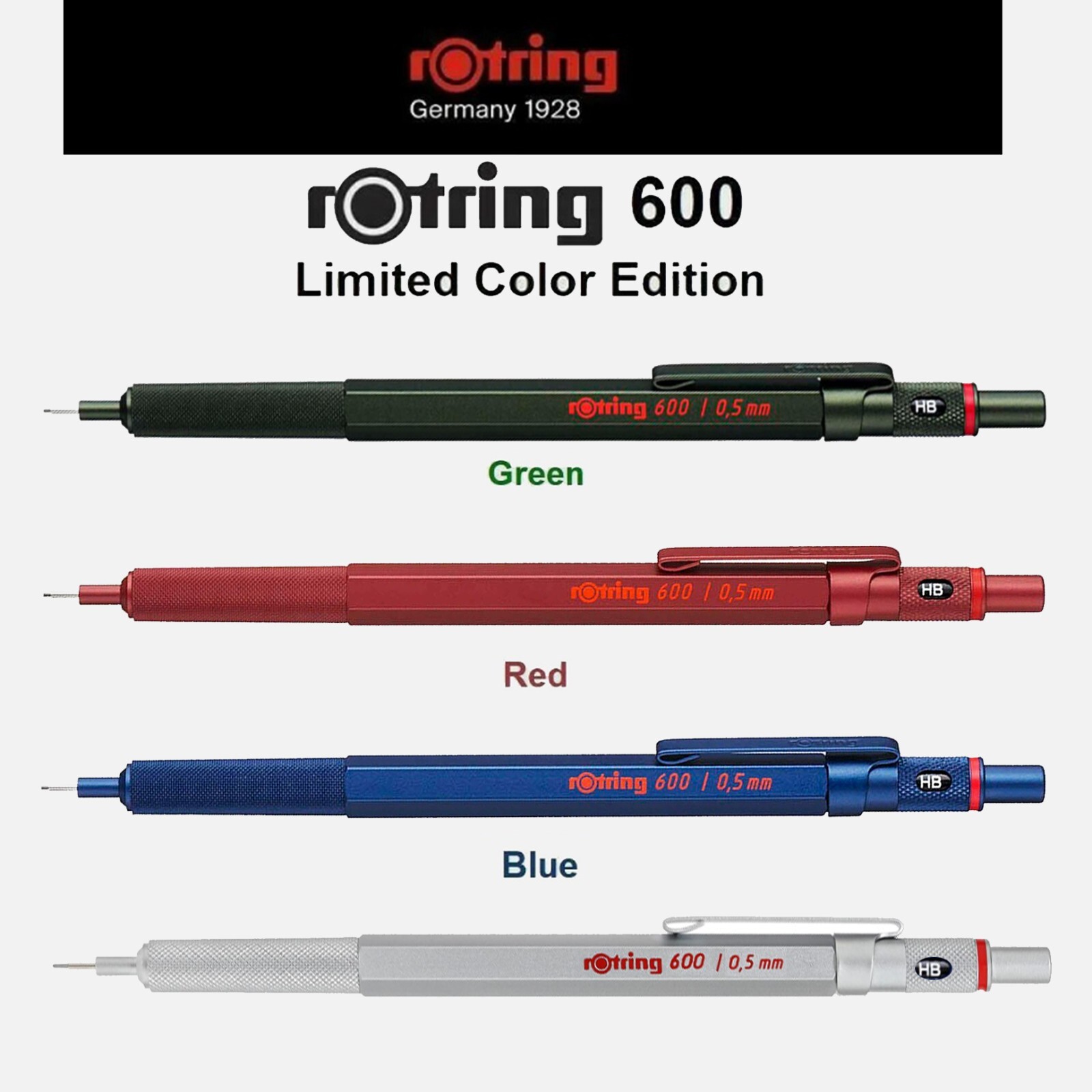Rotring 600 Mechanical Pencils 0.5 Hexagonal Knurled Grip New In Boxes 4 Pencils