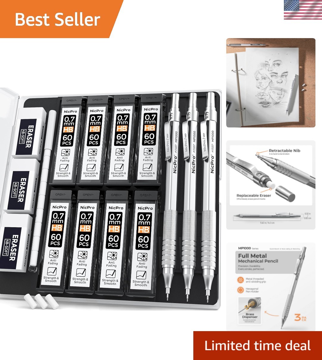 0.7 Metal Mechanical Pencil Set with Case, 3PCS MP1000 0.7mm Artist Lead Penc…