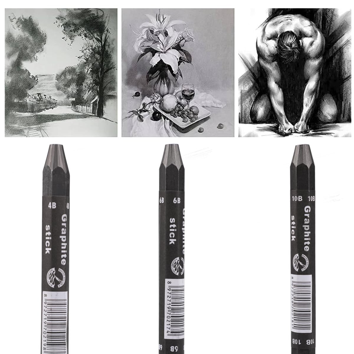 MODOLATA Graphite Sticks for Drawing- Water 3 Count (Pack of 1), Black